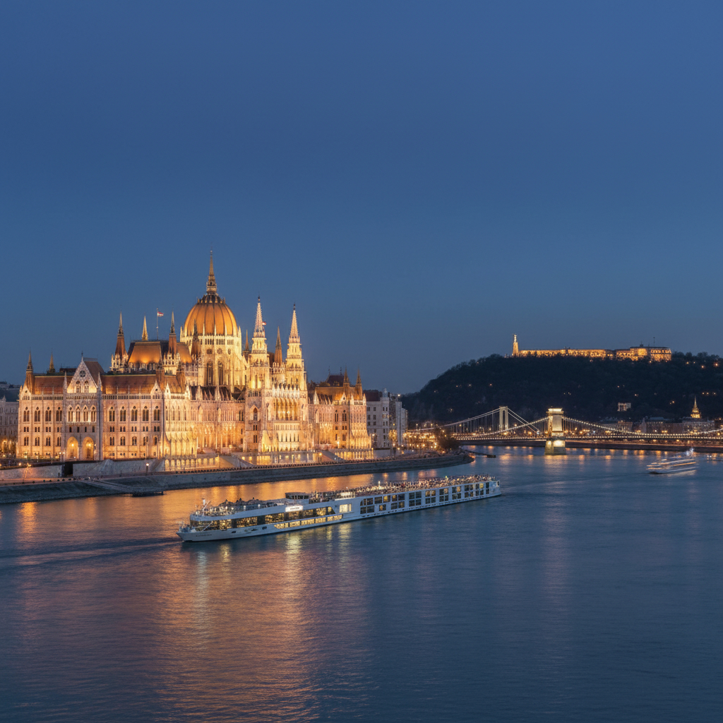 Hungarian Parliament Building illuminated at dusk with river cruise ship and Liberty Bridge on Danube River