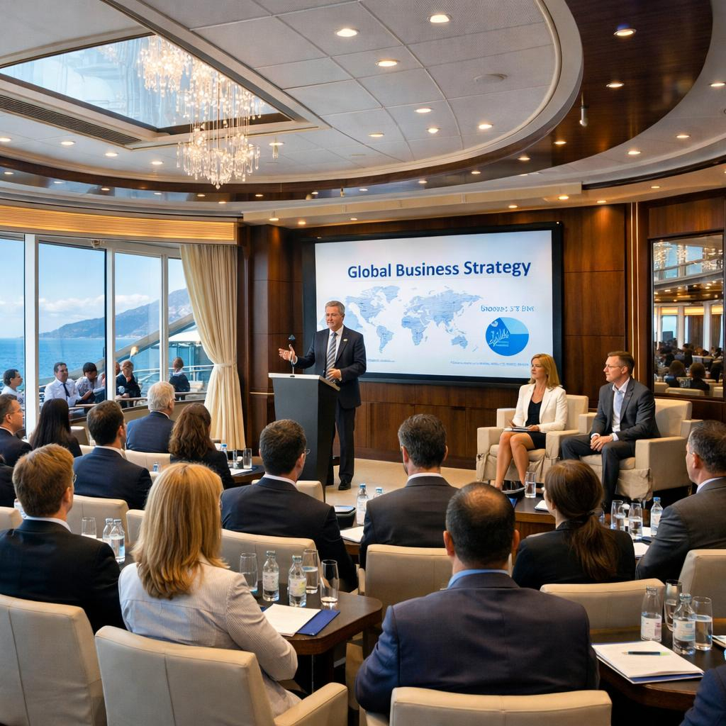 A corporate meeting in an elegant conference room with a presentation on global business strategy, featuring a speaker at a podium with a world map display and an audience of business professionals.