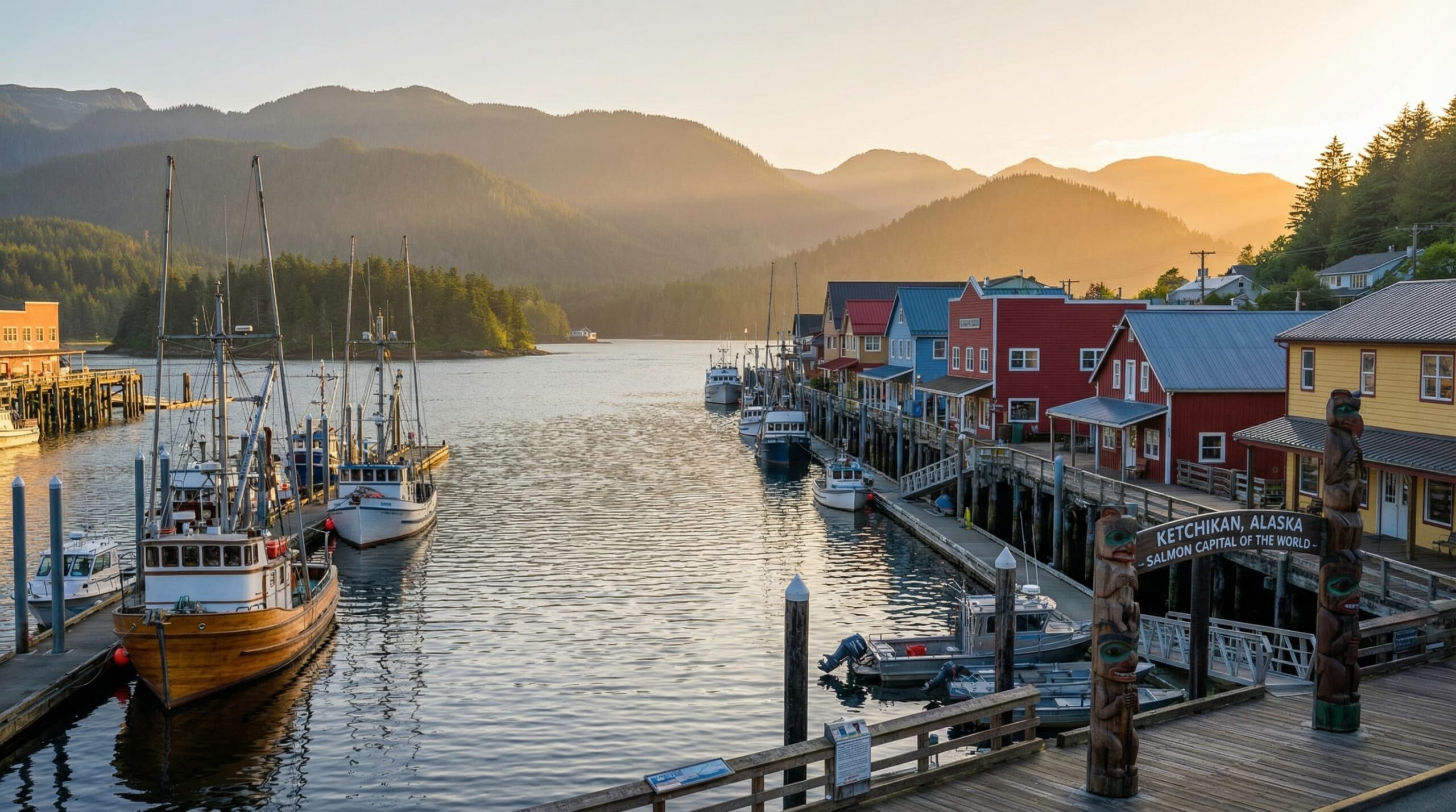 A picturesque harbor view featuring colorful waterfront buildings, fishing boats, and mountains at golden hour.