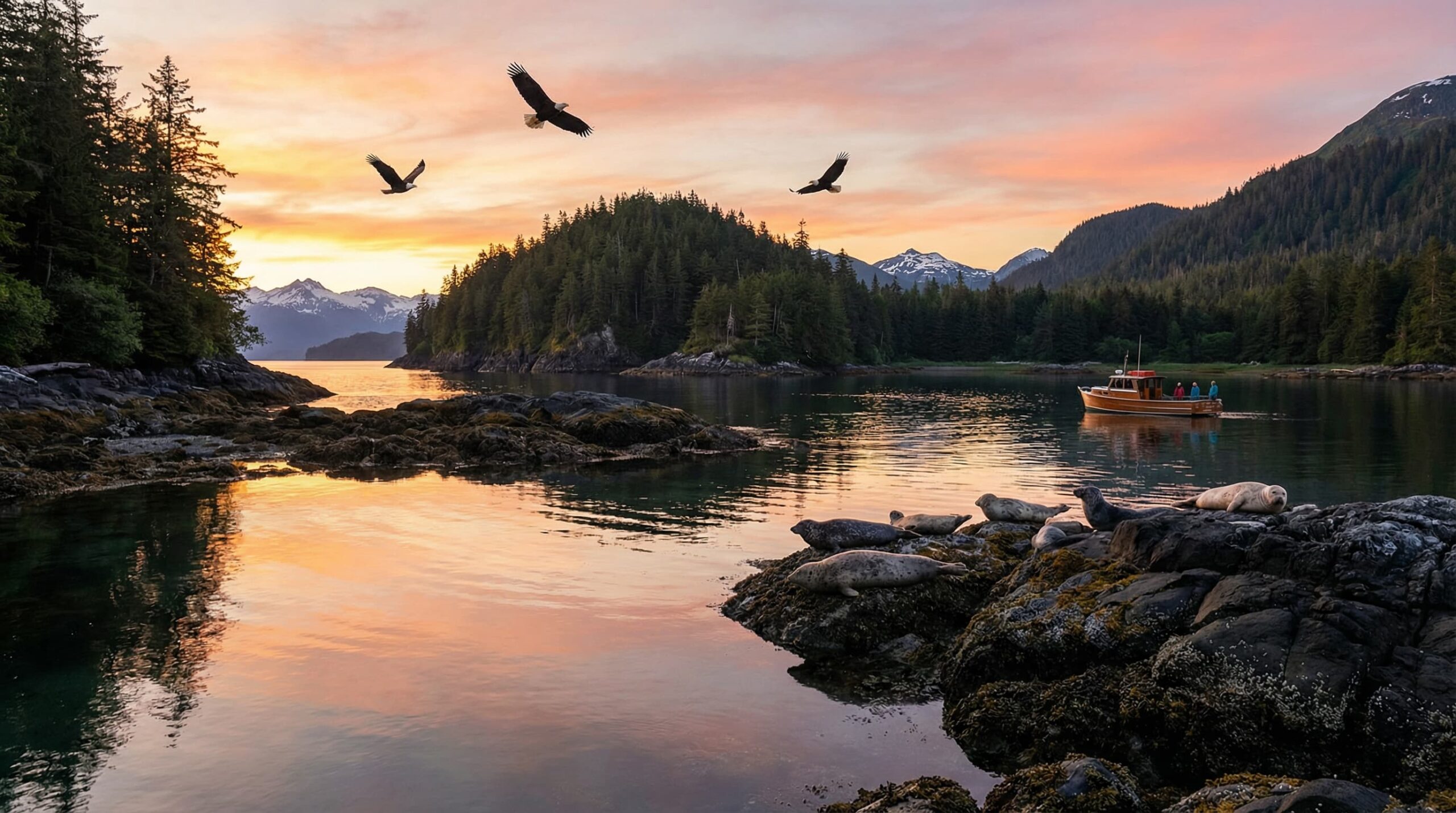 Mountain lake at sunset with fishing boat, seals on rocks, and eagles flying overhead