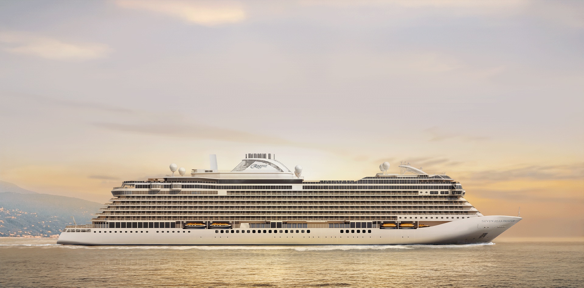 A large white cruise ship sailing on calm waters during a golden sunset, with mountains visible