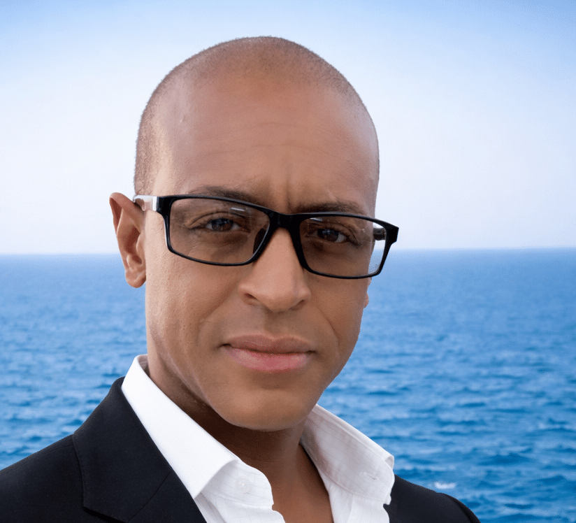 Man wearing glasses and dark blazer with white shirt, ocean backdrop