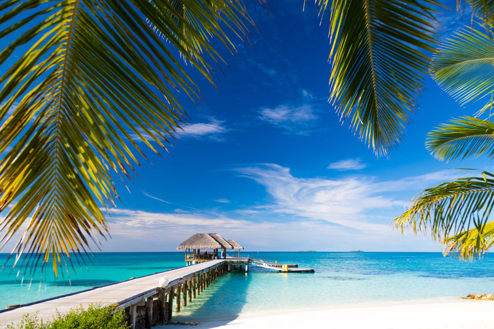 A picturesque tropical beach scene featuring a wooden pier leading to an overwater bungalow with a thatched roof, surrounded by pristine turquoise waters and white sand beach. Palm fronds frame the composition against a brilliant blue sky with wispy clouds, capturing the essence of a luxury island resort destination.
