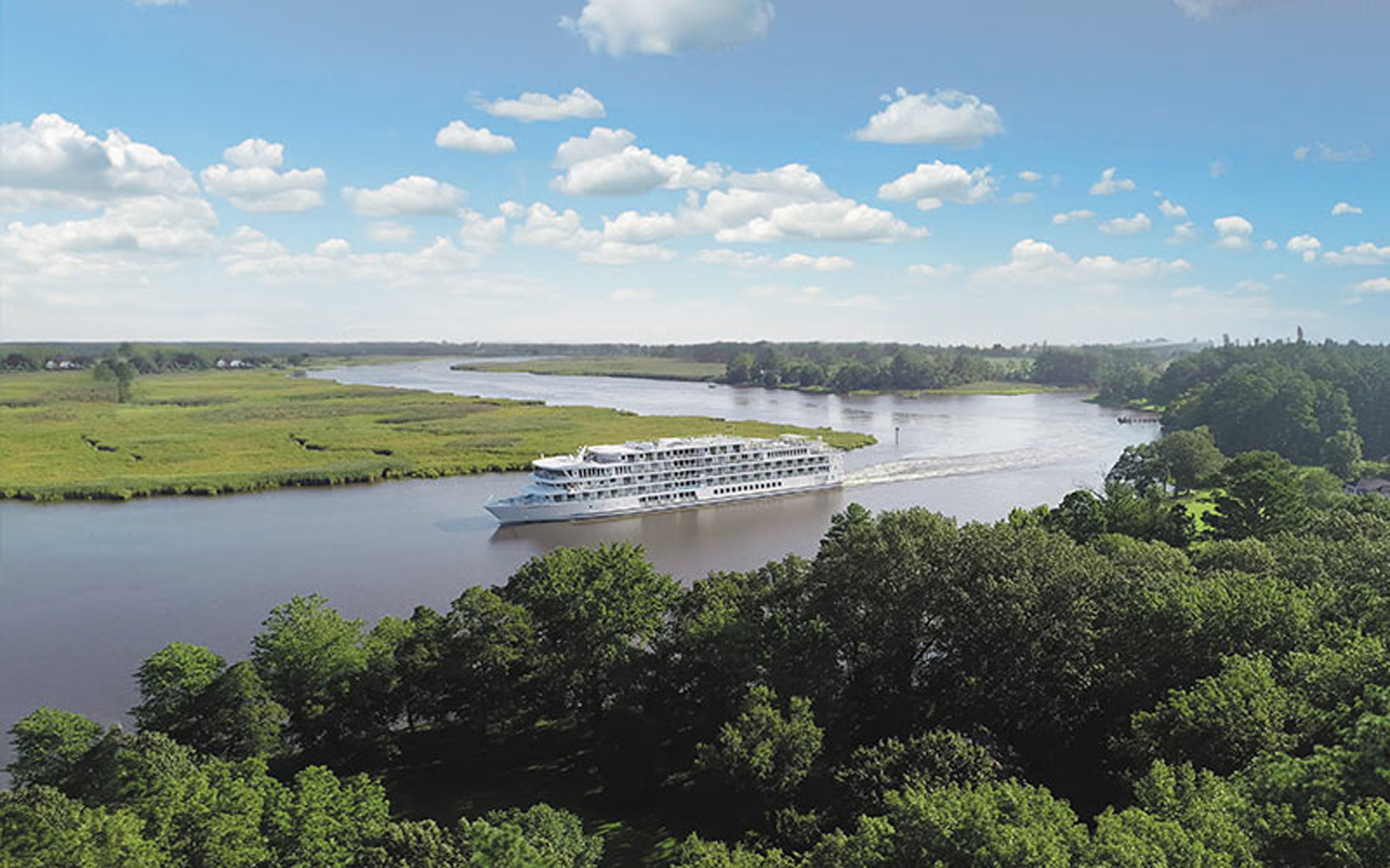 A modern river cruise ship navigates through the scenic Mississippi River, surrounded by lush green forests and pastoral landscapes under a partly cloudy sky. The vessel appears to be a multi-deck river cruiser designed specifically for inland waterway navigation, showcasing the natural beauty of the American heartland.