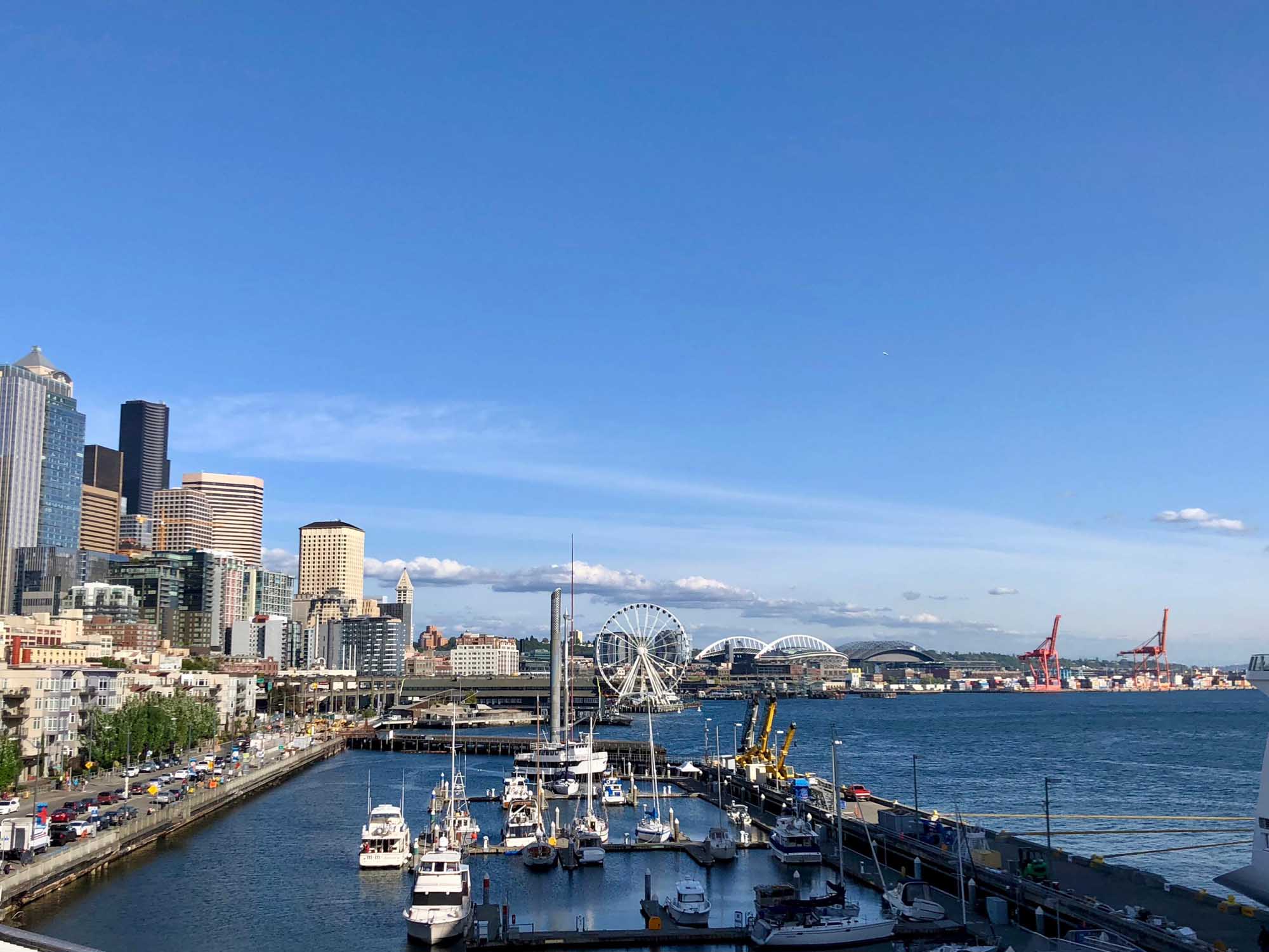 A panoramic view of Seattle's downtown skyline and waterfront featuring the iconic Space Needle, the Seattle Great Wheel, and numerous moored vessels in Elliott Bay.