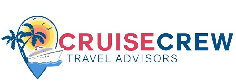 Cruise Crew Travel Advisors logo with tropical sunset, palm trees, and cruise ship